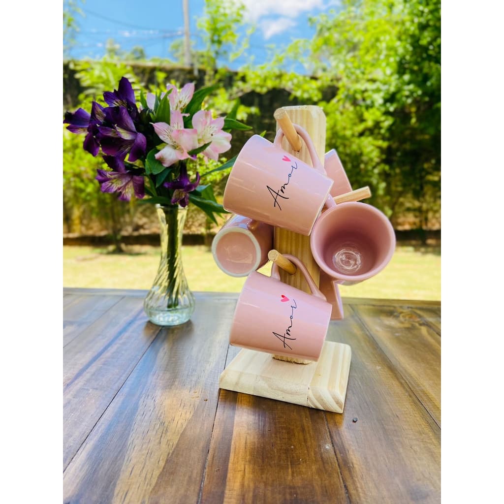 Jogo 6 Xícaras/caneca Porcelana Rosa Com Suporte Em Madeira Pinus