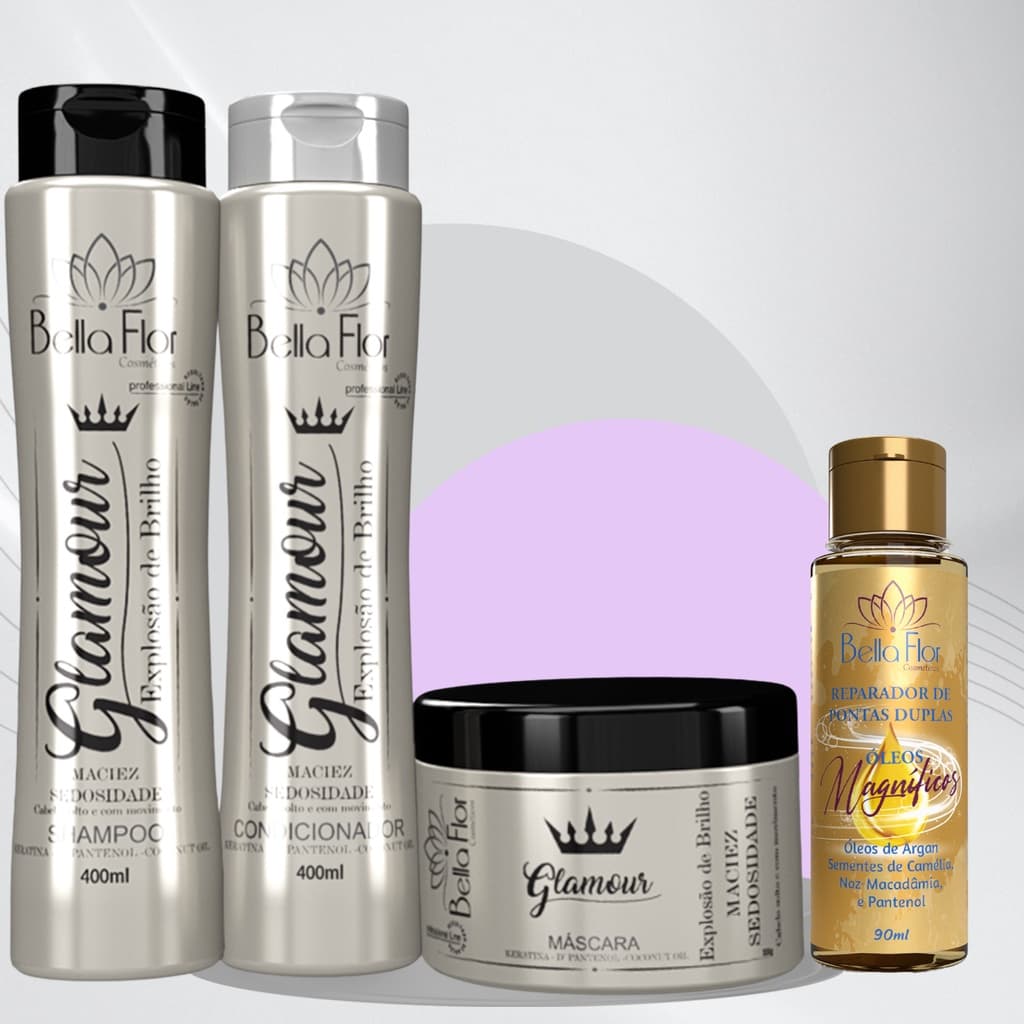 Kit Capilar Glamour 4 Produtos Shampoo Condicionador Máscara Reparador de Pontas Bella Flor Anti-Frizz Brilho