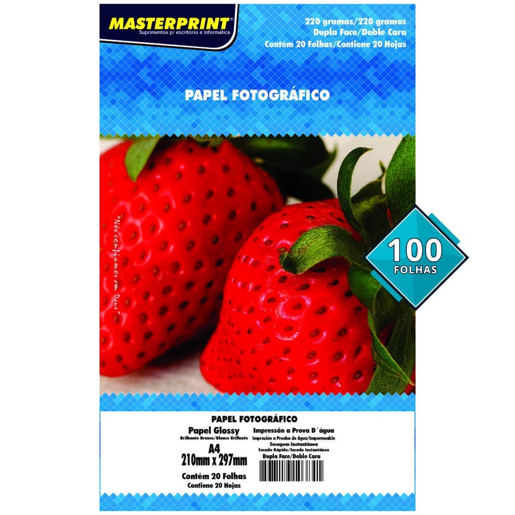 Papel Dupla Face Glossy 220g A4 Fotográfico Branco Brilhante Masterprint com 100 Folhas