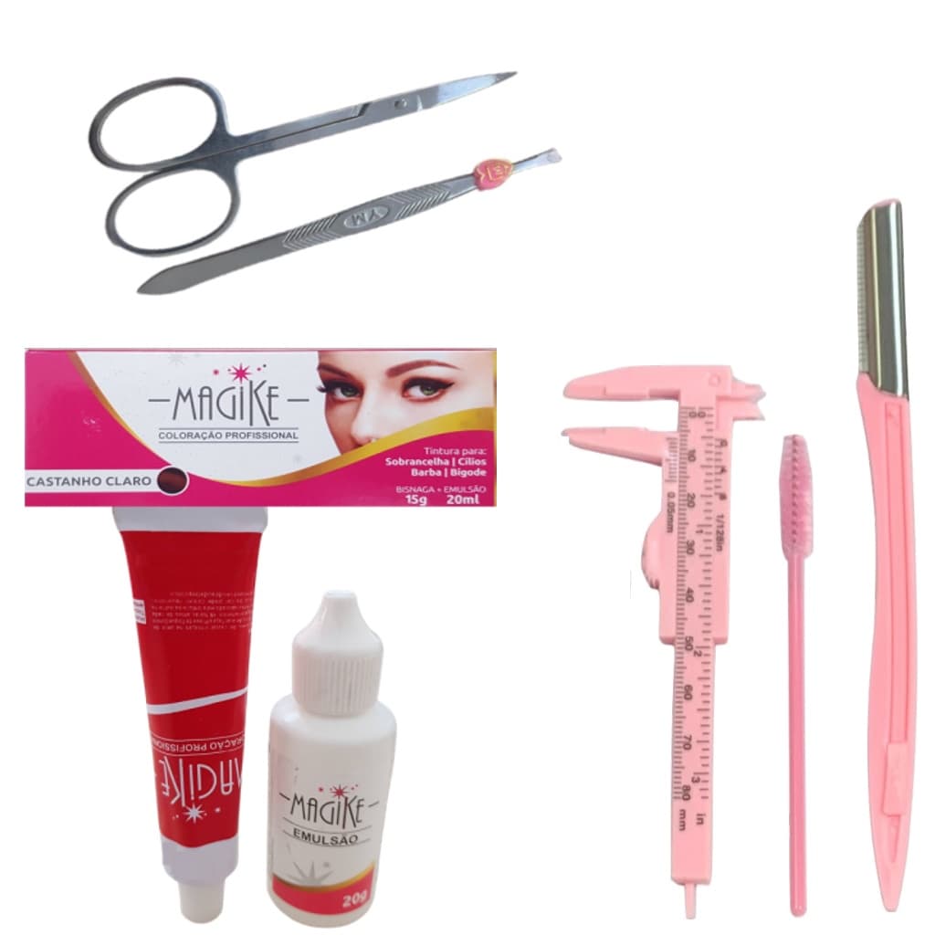 Kit Sobrancelha Tinta Profissional com Emulsao Magike Pinca Tesoura Navalha Paquimetro Escova