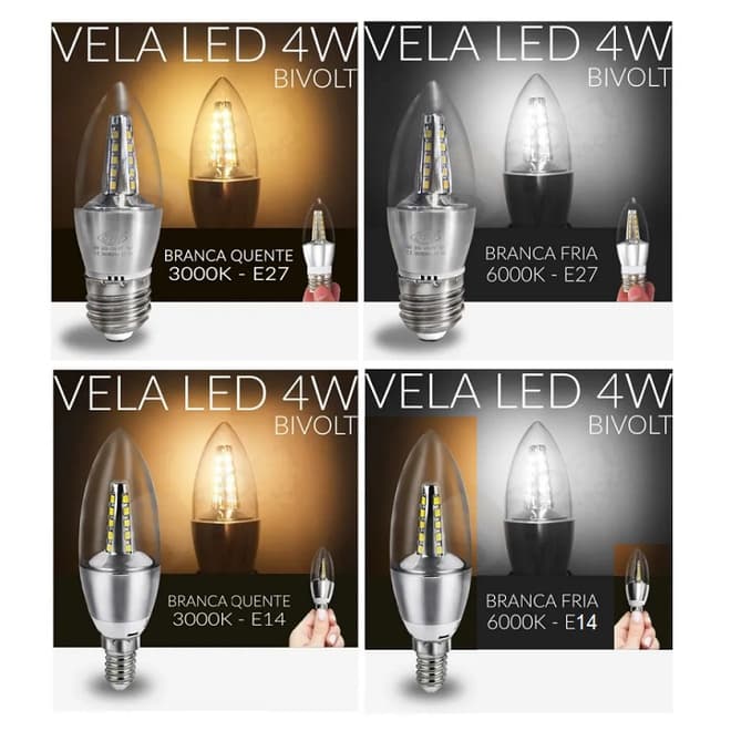 Lâmpada Led Vela 4w E14 ou E27 SB Branco FRIO ou Branco Quente