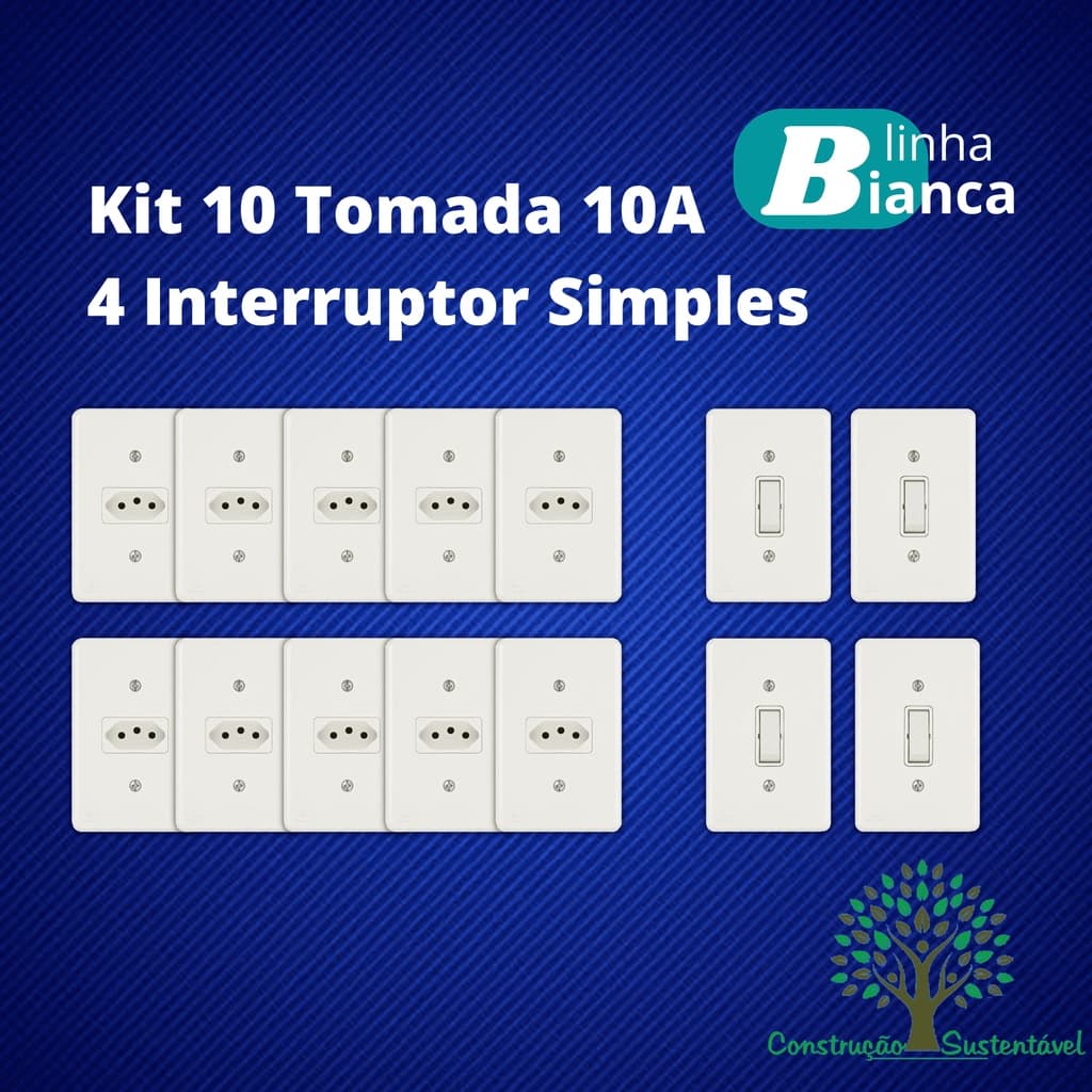 Kit 10 Tomadas Horizontal 10A + 4 Interruptores Simples- Linha Bianca Apoio (Apagador e Tomada)
