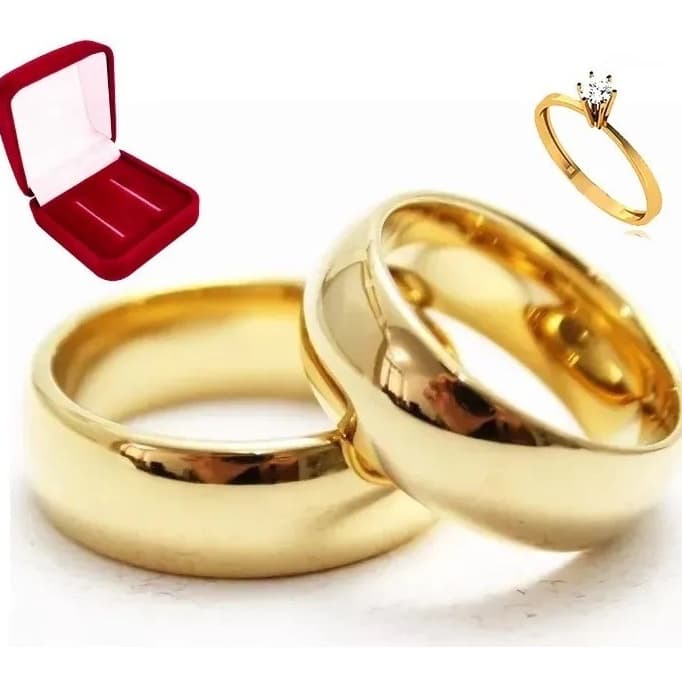 Par de Alianças de Casamento Noivado Arredonda Moedas Antigas Ouro 18k + Anel Solitário
