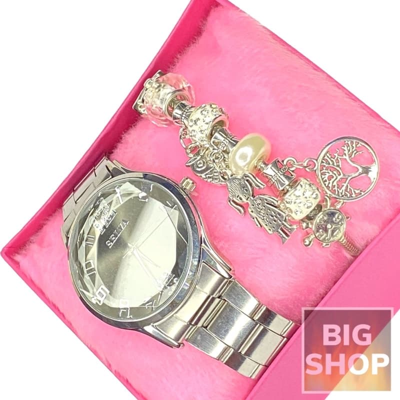 Relógio Feminino SELVA a Prova d'água Prata c/ Pulseira Berloque