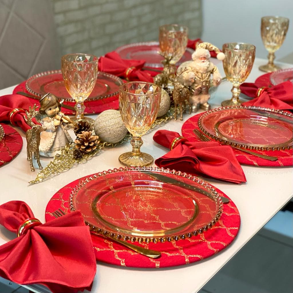 Kit Sousplat Mesa Posta Completa de Natal Natalino Vermelho e Dourado Brilhante