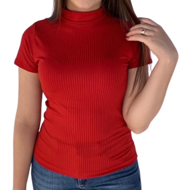 Blusa feminina manga curta gola alta malha canelada
