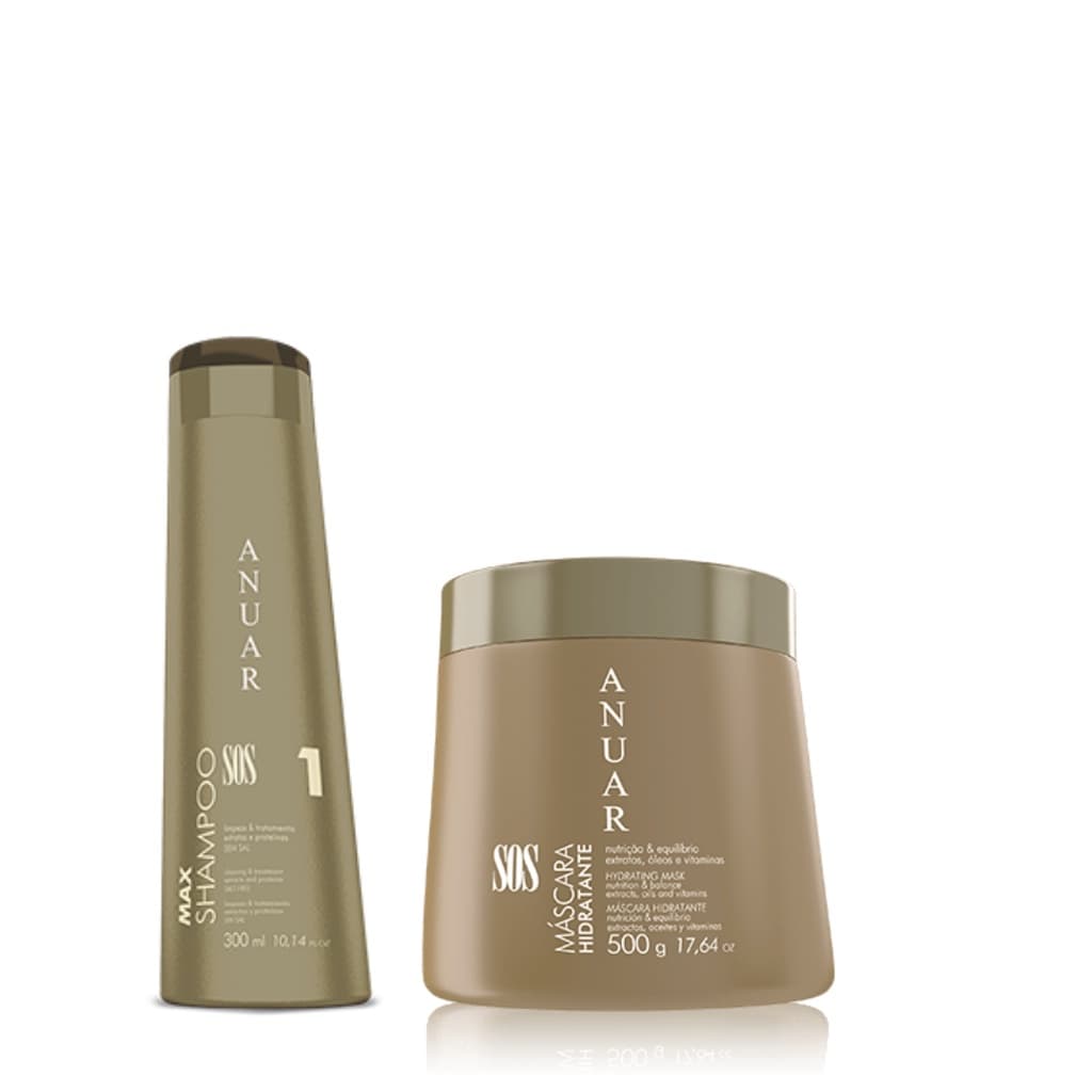 Shampoo 300ml e Máscara Hidratante 500g -   para cabelos Danificados e Quebradiços - SOS - Anuar