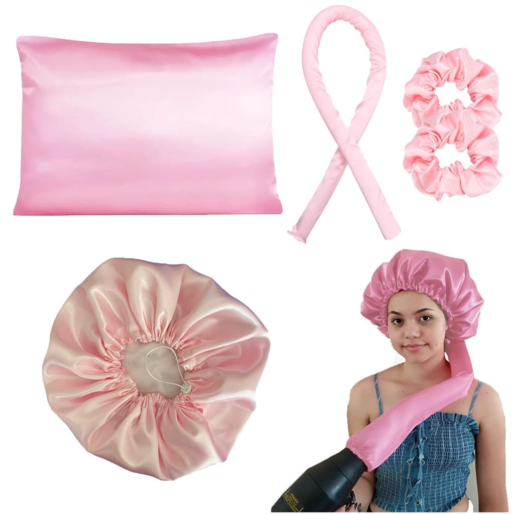 Kit Cetim: Touca difusora + Touca de dormir + Fronha + modelador curling hod