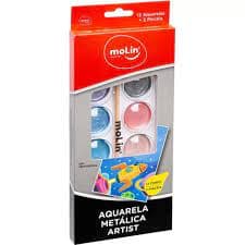 Aquarela 12 Cores Metálicas + 2 Pincéis - Molin
