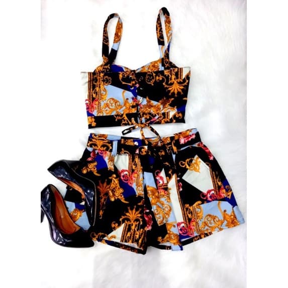 Short e Croped com Bojo Material Linho de amarrar nas costas bolsos e zíper Elegante Feminino M G GG