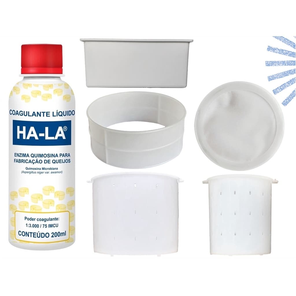 Kit Fazer Queijo Caseiro Com Coalho + 4 Formas Queijos Diversos + Tela