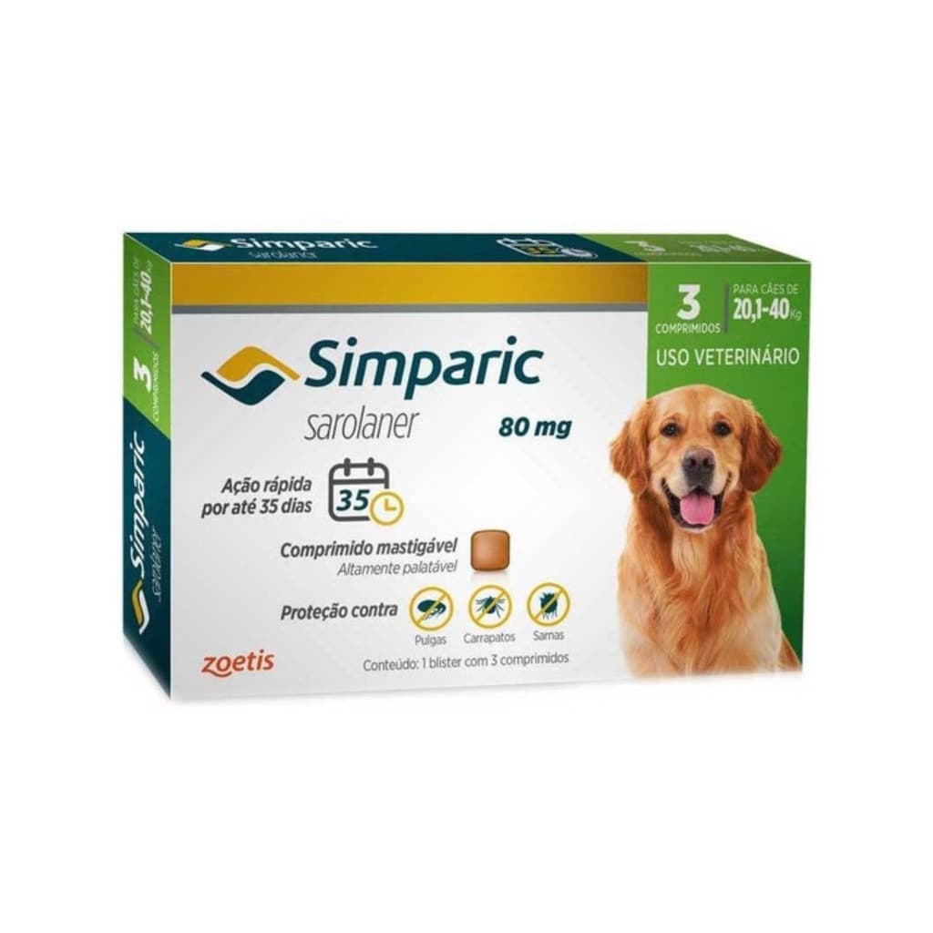 Simparic de 20,1kg a 40kg antipulgas e carrapatos para cachorros com 3 comprimidos 80mg Zoetis
