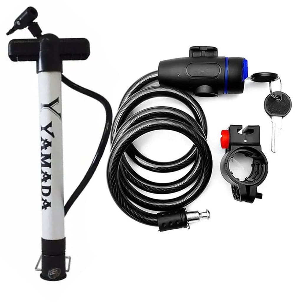 Bomba De Encher Pneu De Bike Alumínio 30cm Yamada + Trava Cabo De Aço Cadeado Segurança Bike Moto Com Suporte Com Chave