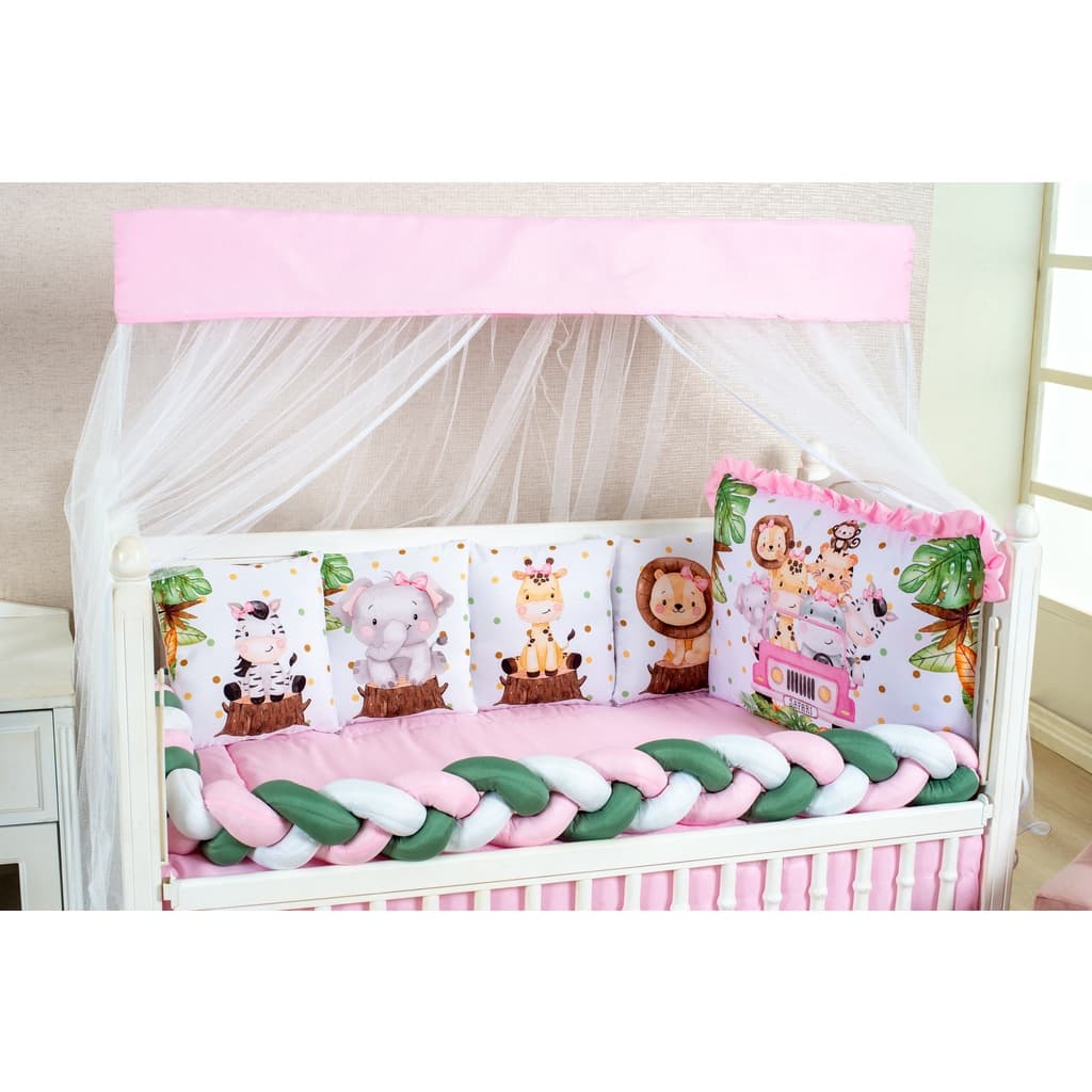 Kit Berço 9 Peças Sublimado Safari Rosa Menina 100% Poliéster