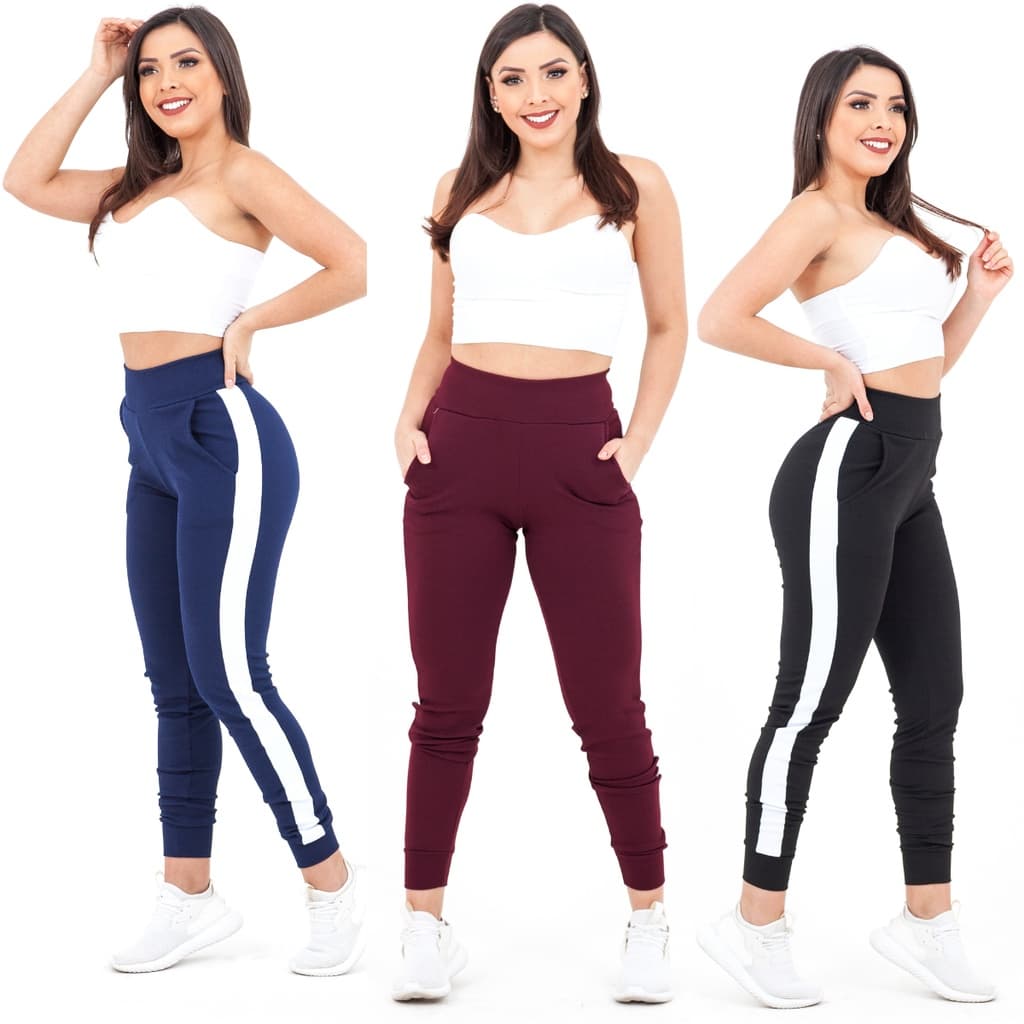 Kit 3 Calças Feminina Jogger Crepe Slim Com Listra Lateral Academia