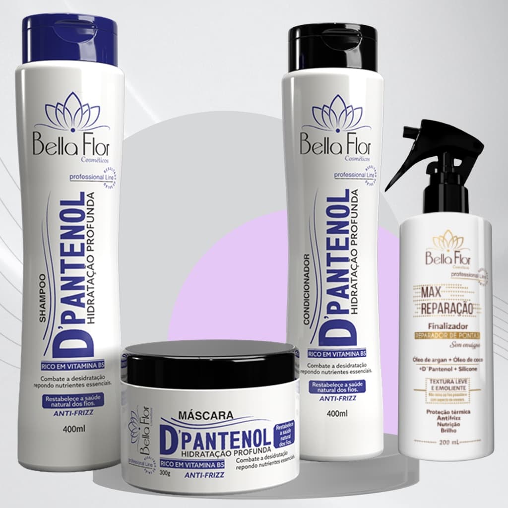 Kit Capilar D'Pantenol e Max Reparação 4 Produtos (1 Shampoo, 1 Condicionador, 1 Máscara e 1 Reparador de Pontas) Profissional - Bella Flor