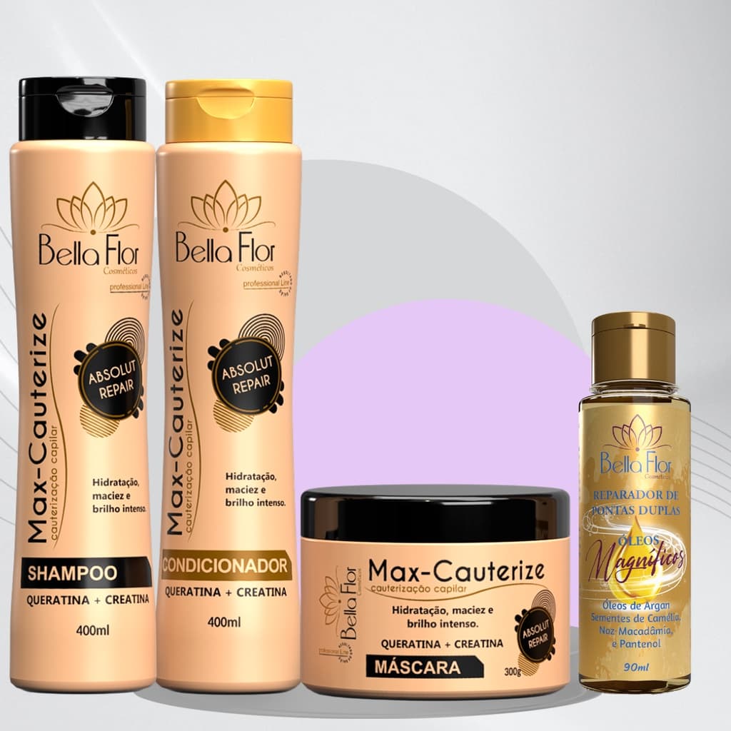 Kit Capilar Cauterize e Reparador de Pontas 4 Produtos (1 Shampoo, 1 Condicionador, 1 Mascara e 1 Reparador de Pontas) Profissional - Bella Flor Cosméticos
