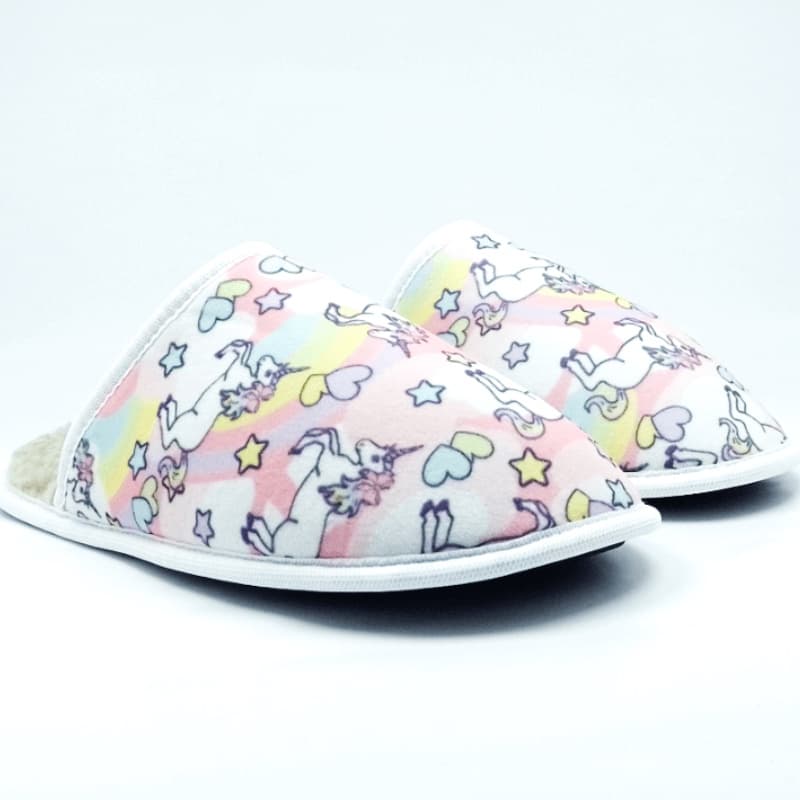 Chinelo de Lã Feminino Unicórnio Branco Bege