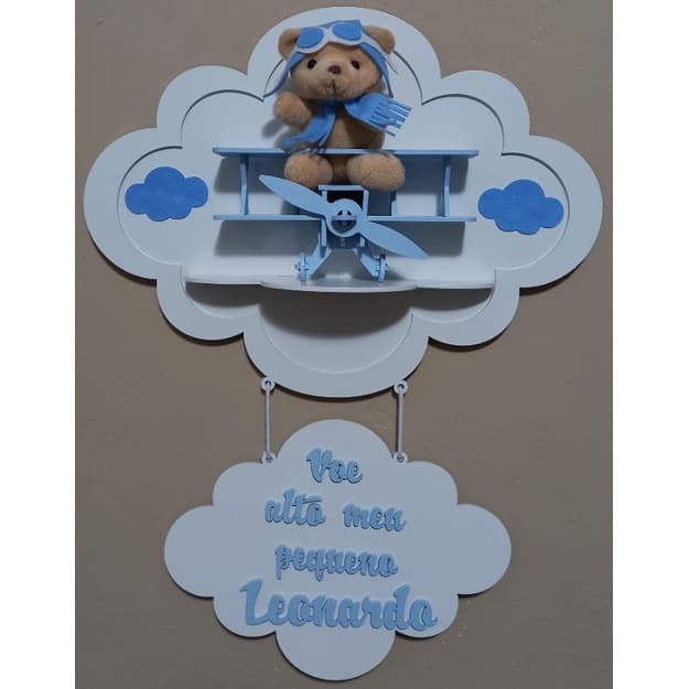 enfeite porta maternidade nicho nuvem urso aviador voe alto meu pequeno avião azul