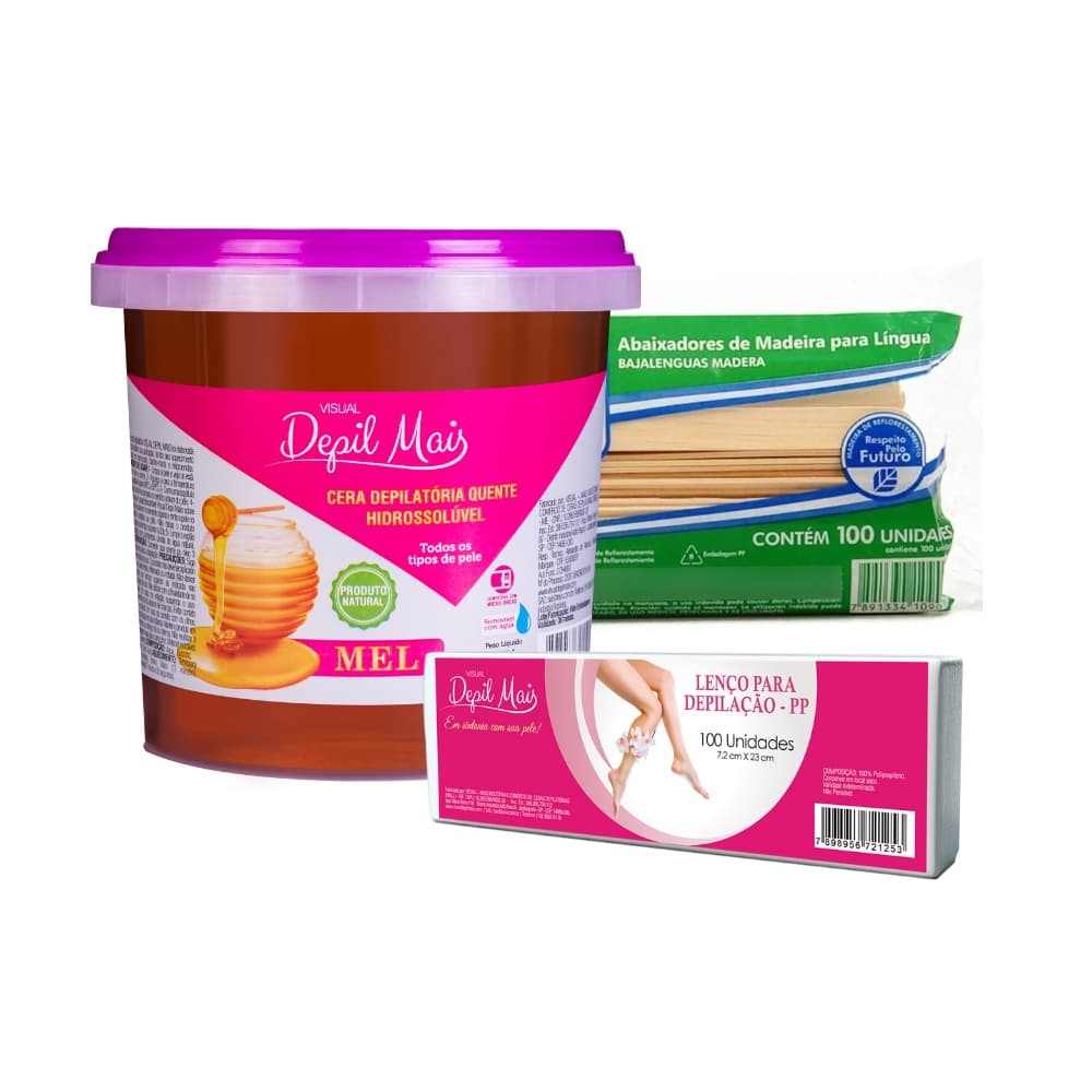 Kit Cera Depilatória Quente Depil Mais 1300g+Papel tnt 100un 80gr 23cmx7,2cm+abaixador madeira 100un