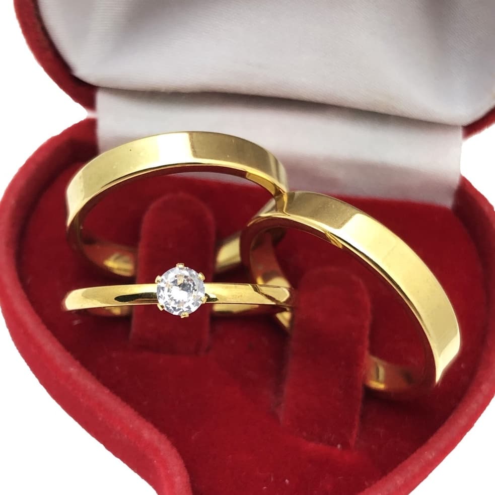 Par de alianças de casamento banhada 4mm fina quadrada simples aço inoxidável + anel aparador