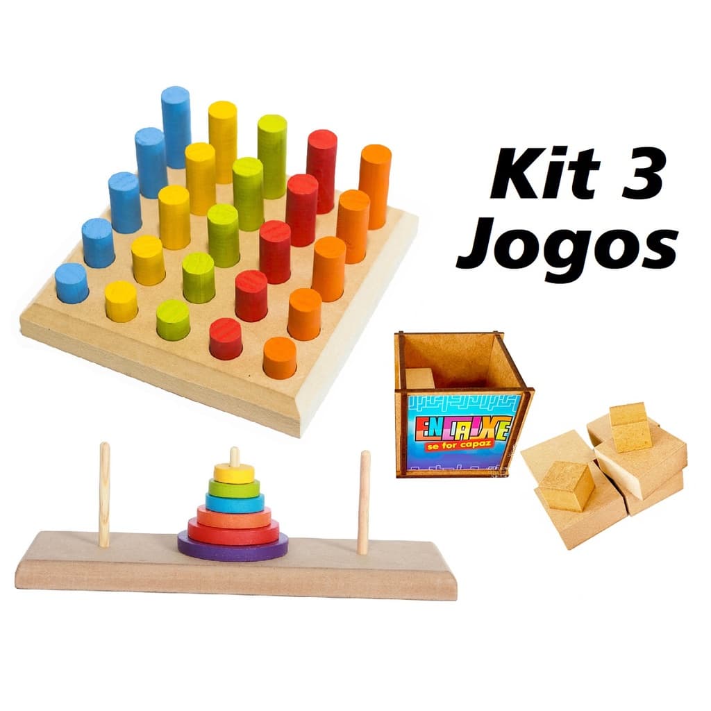 Kit TORRE DE HANÓI + PINOS DE ENCAIXE + ENCAIXE SE FOR CAPAZ Brinquedo Educativo Montessori infantil