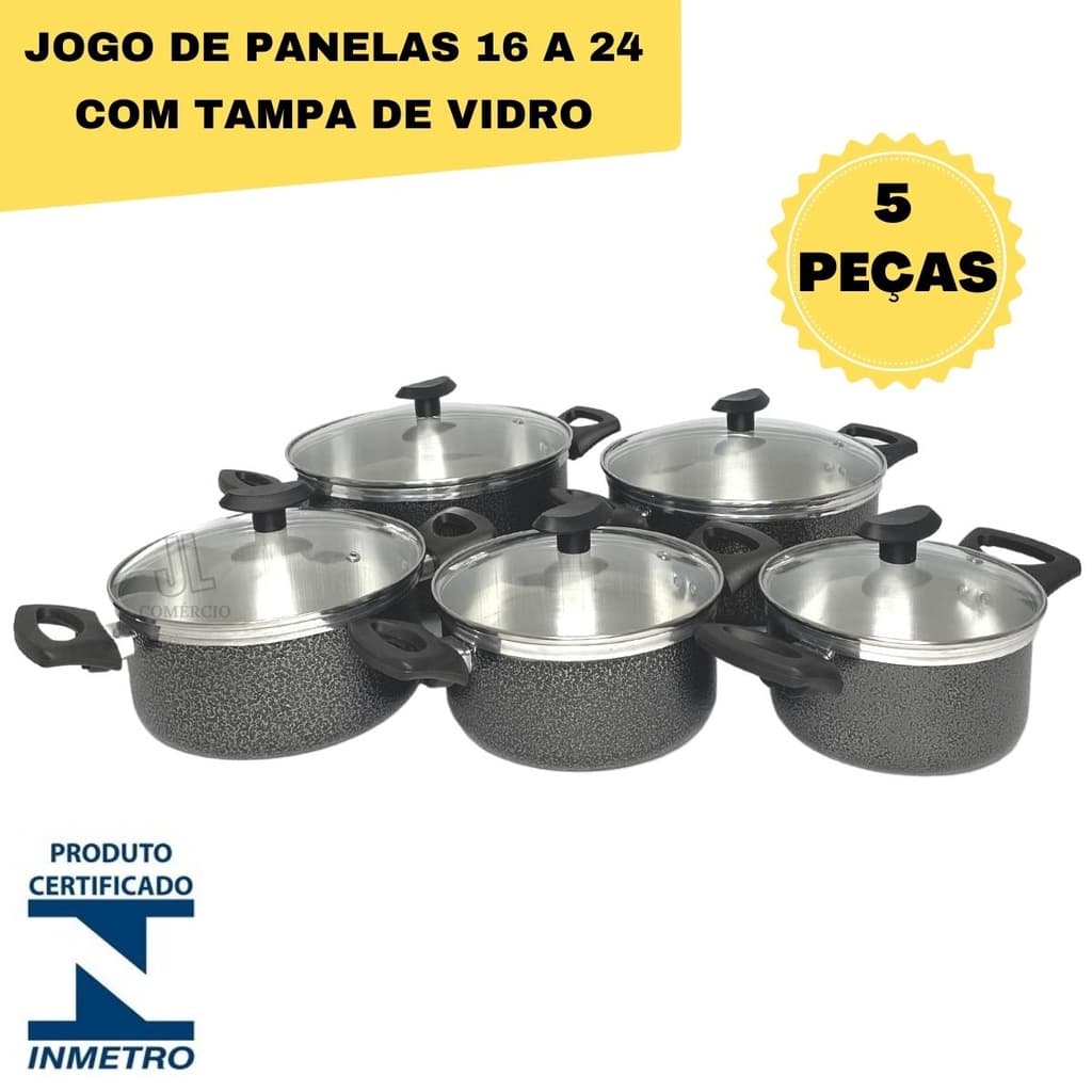 Conjunto De Panelas 5 Peças Preto Craqueado Jogo Caçarola Com Tampa De Vidro