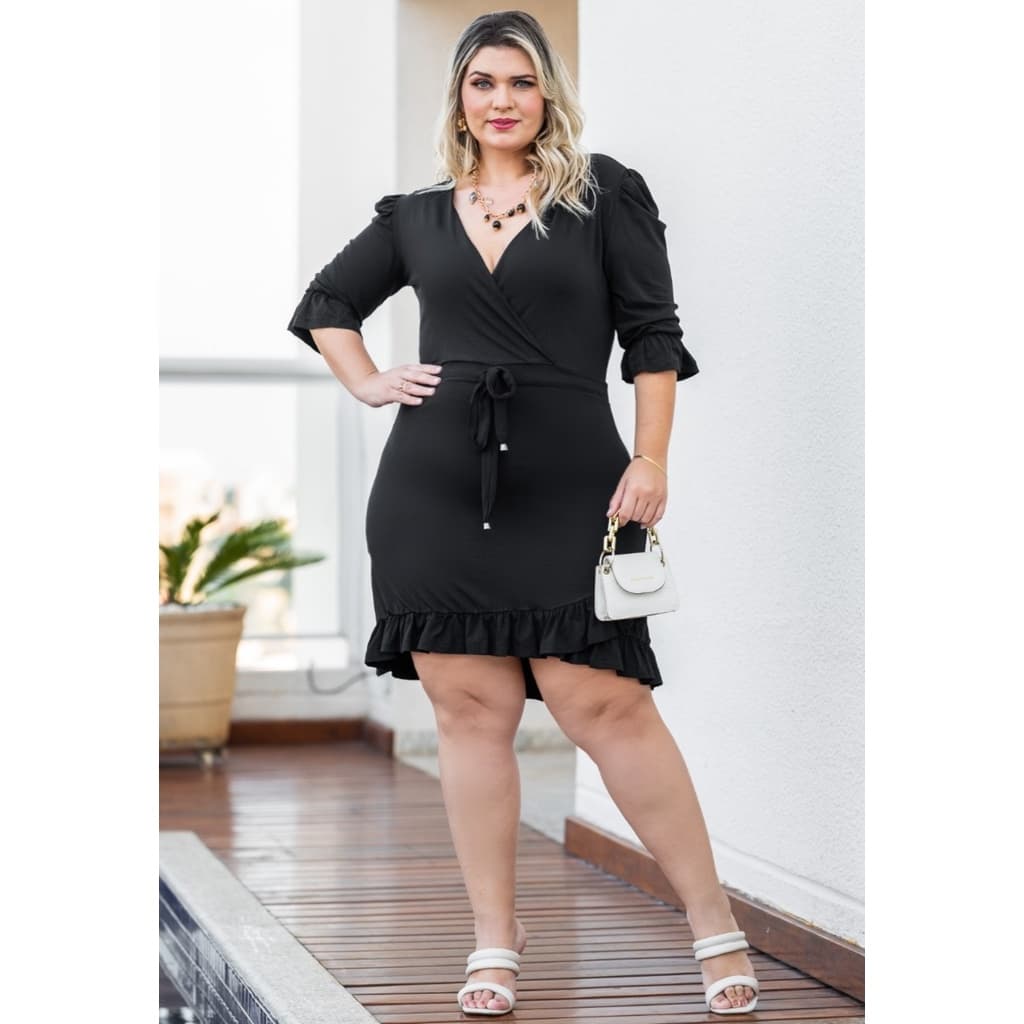 Vestido Plus Size Feminino Babado  Midi  Social Festa Decote Transpassado
