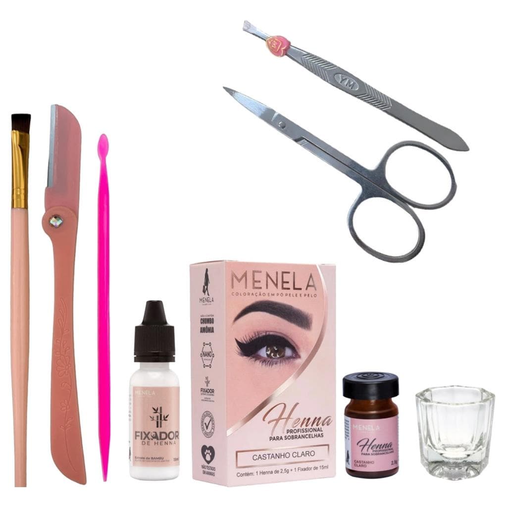 Kit Henna Menela Sobrancelha Profissional Palito Dosador Navalha Tesoura Pinca Pincel