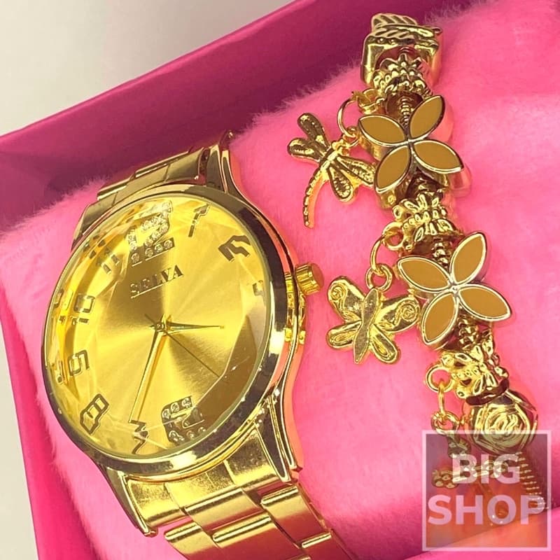 Relógio Dourado Feminino SELVA Analógico + Pulseira Berloque Linda A prova d'água Luxo !