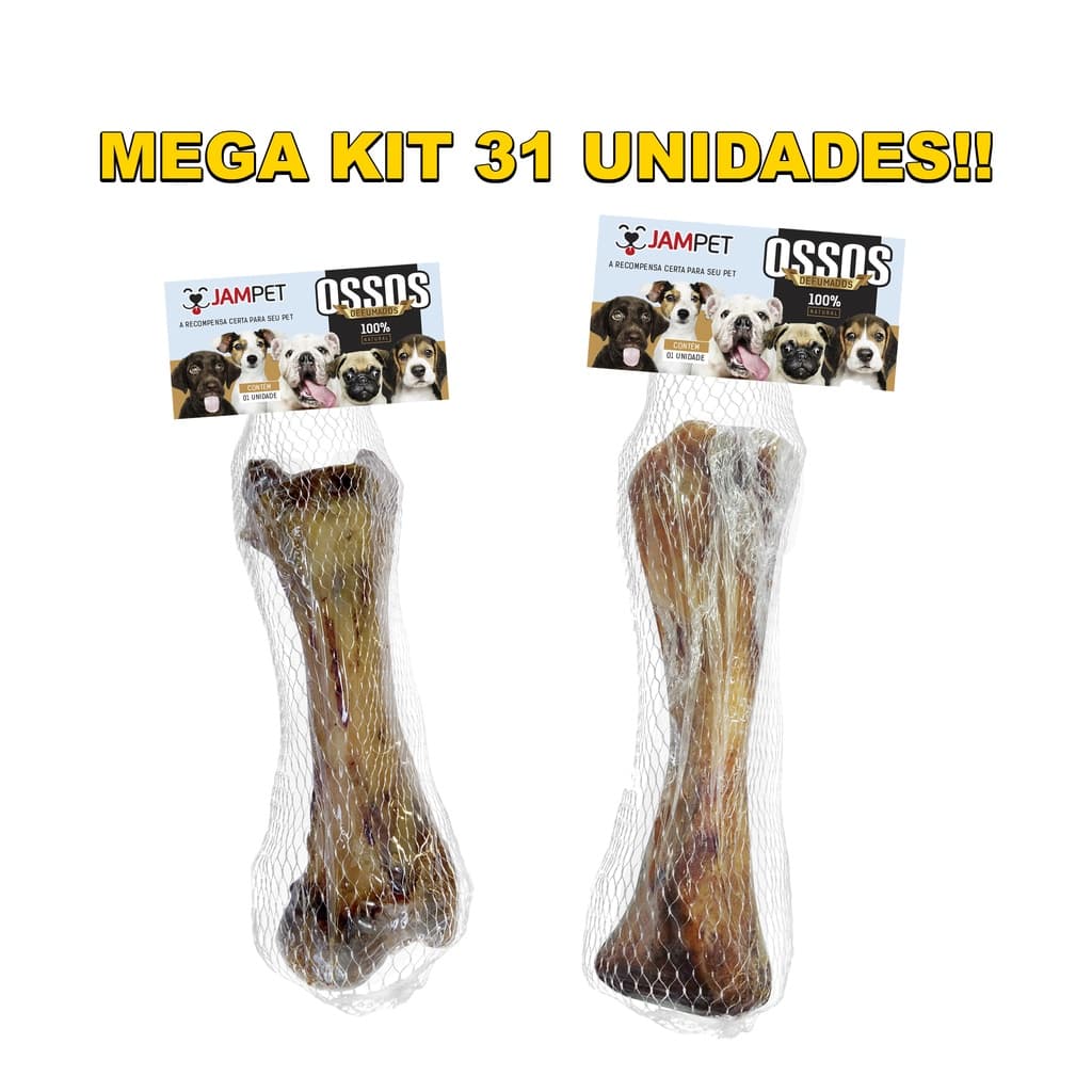 Mega Kit 31 Unidades Petisco Osso de Suíno Tibia Desidratado e Osso Fêmur Suino Jampet