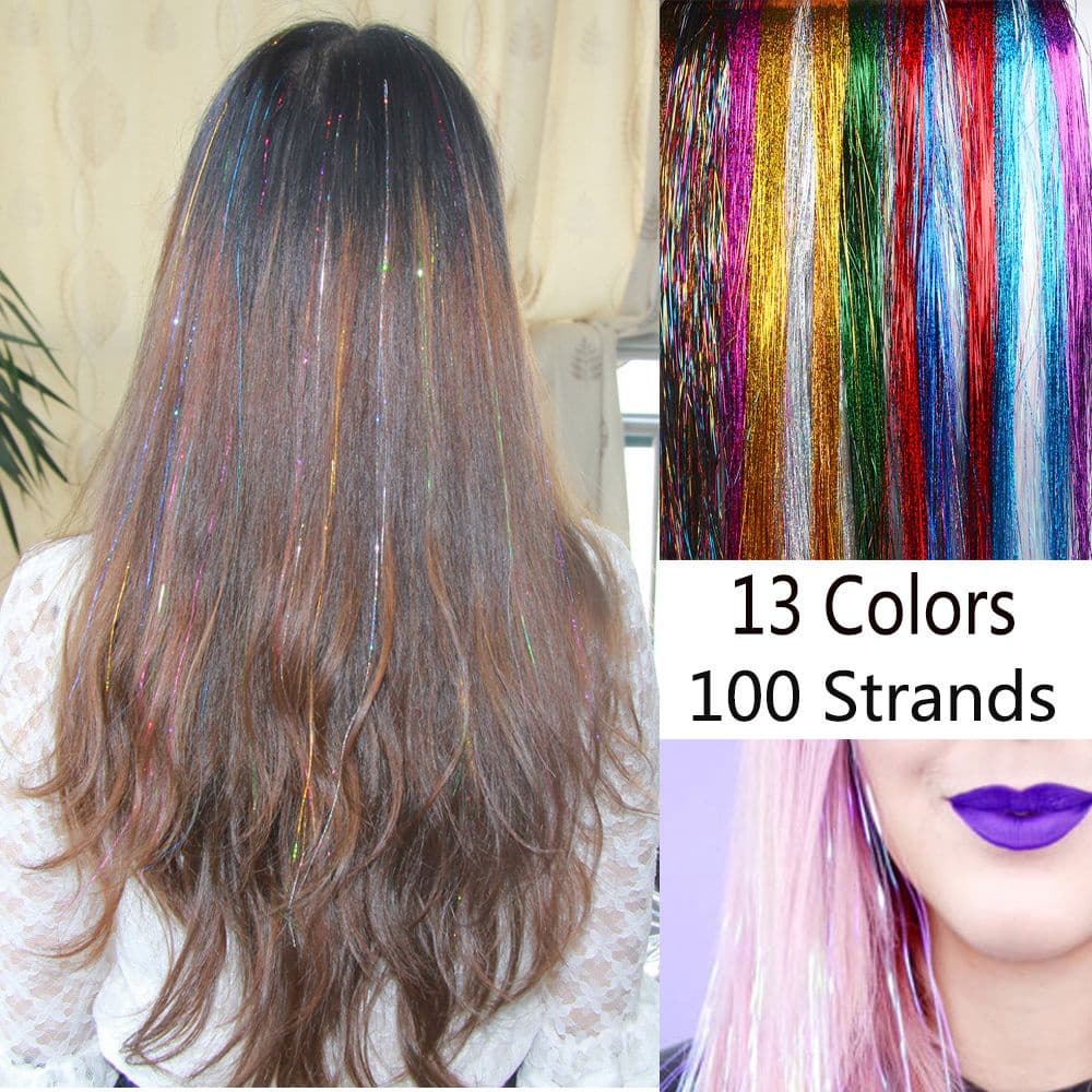 100 Pcs/Pacote Sintético Menina Headwear Hair Laser Tinsel Falso Extensão De Cabelo Decoração Faixas Glitter Party