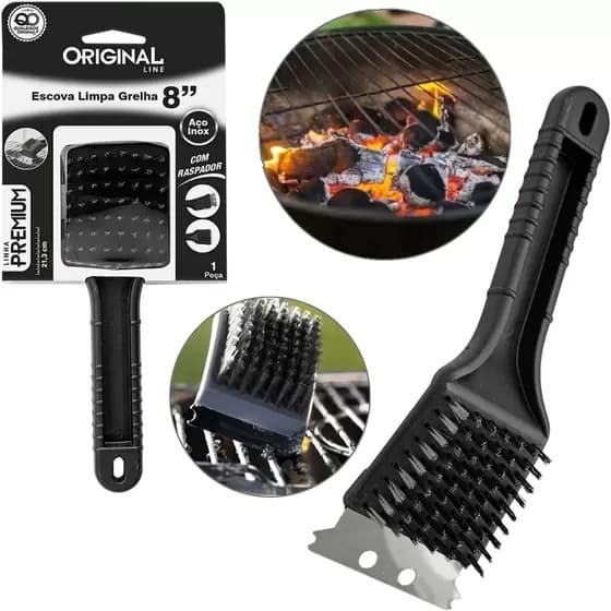 Escova de Aço p/ Grelha Churrasqueira com Raspador + Cabo Plástico Premium