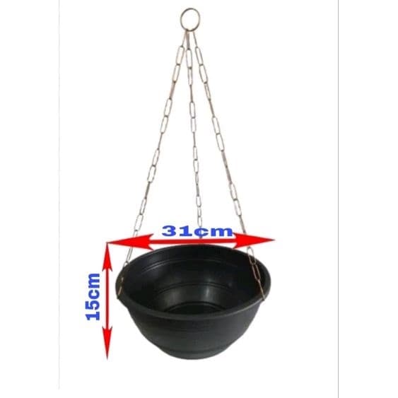 Kit 4 vasos pretos GG 31cm com correntes grossas 60cm p/ plantas suspensas, Ex. Samambaias