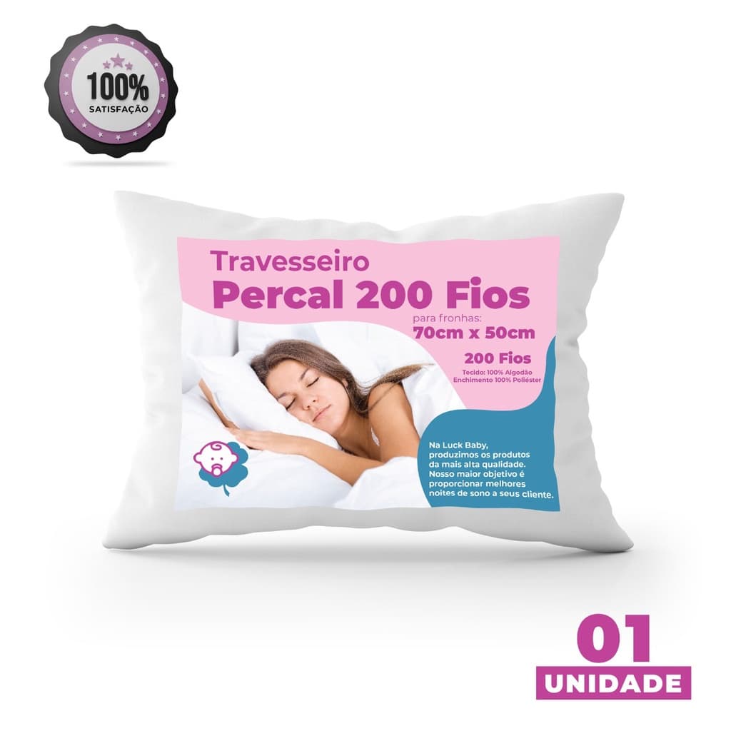 Kit 01 Travesseiro Peça 100% Algodão 200 Fios 50 Cm x 70 Cm - Larissa Baby