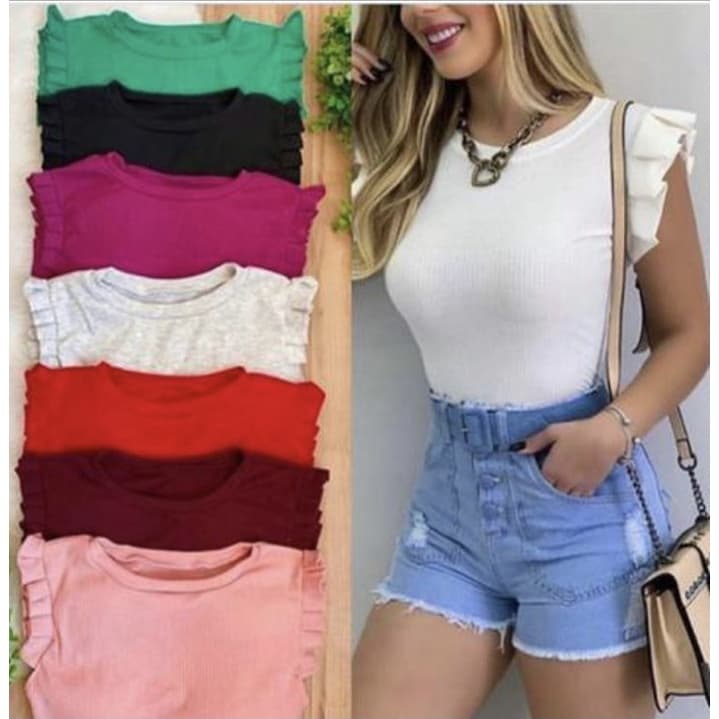 Kit 7 Blusas feminina canelada com babado