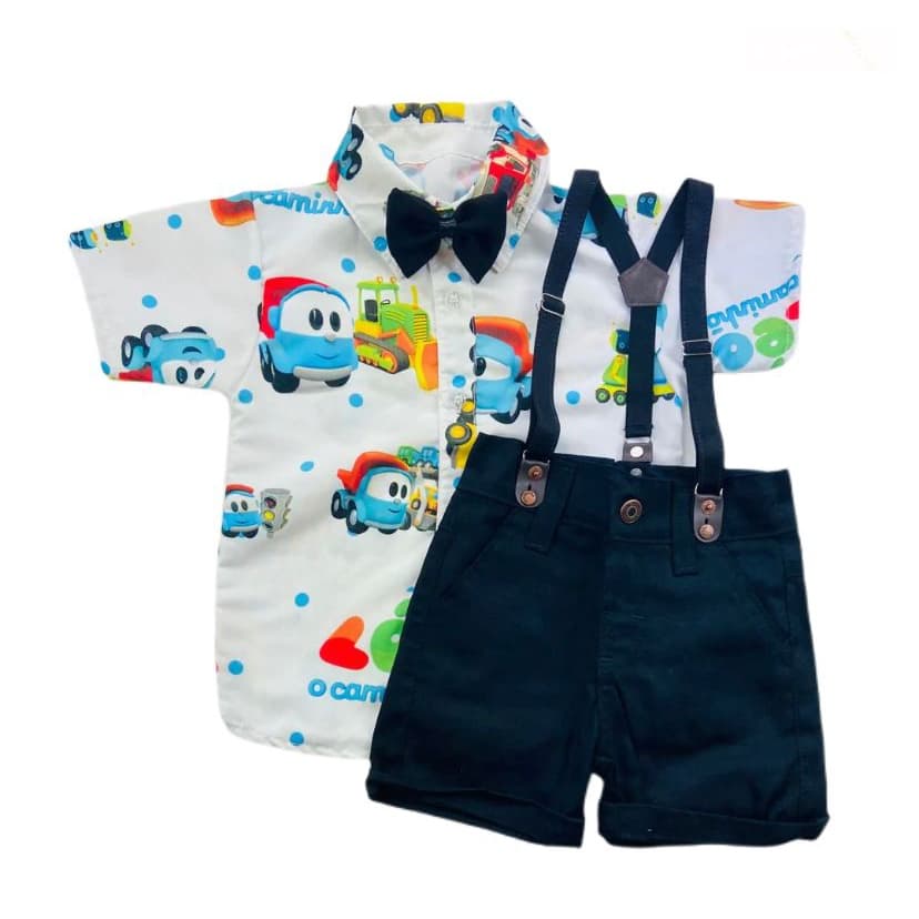 Conjunto Aniversário Temático CARROS Kit 4 peças Bermuda, Suspensório, Gravata e Camisa