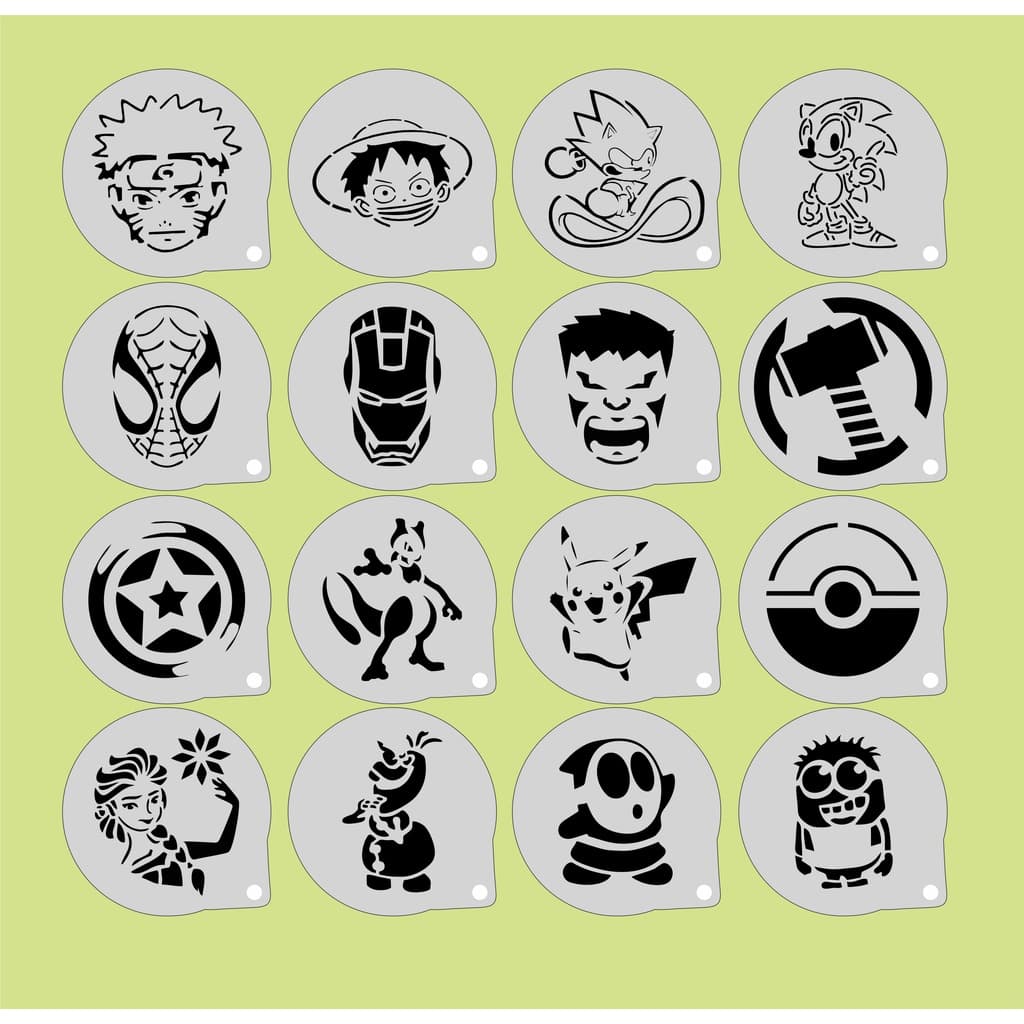 Stencil Personagens (9) Infantis Kit 16 Moldes 7x7cm