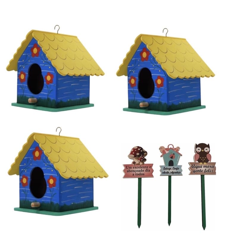 Casa de Pássaros Comedouro Aves  e Plaquinhas Para Vaso ou Jardim