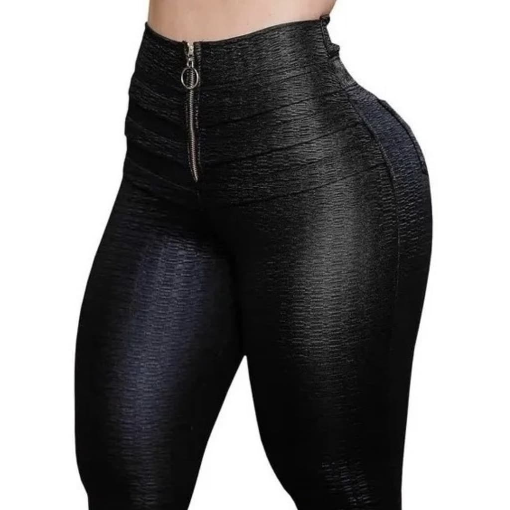 Calça Legging Disco Cintura Alta Cirre Couro Fake Bolsos Skinny Moda Feminina