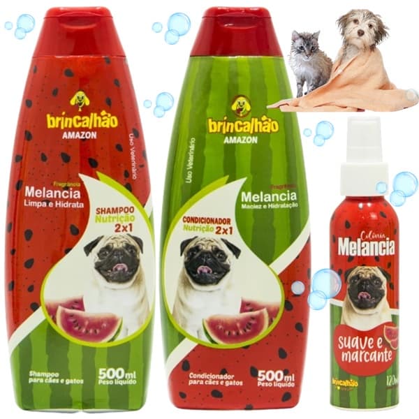 Kit Shampoo e Condicionador + Perfume para Cachorro e Gato Melancia Brincalhão