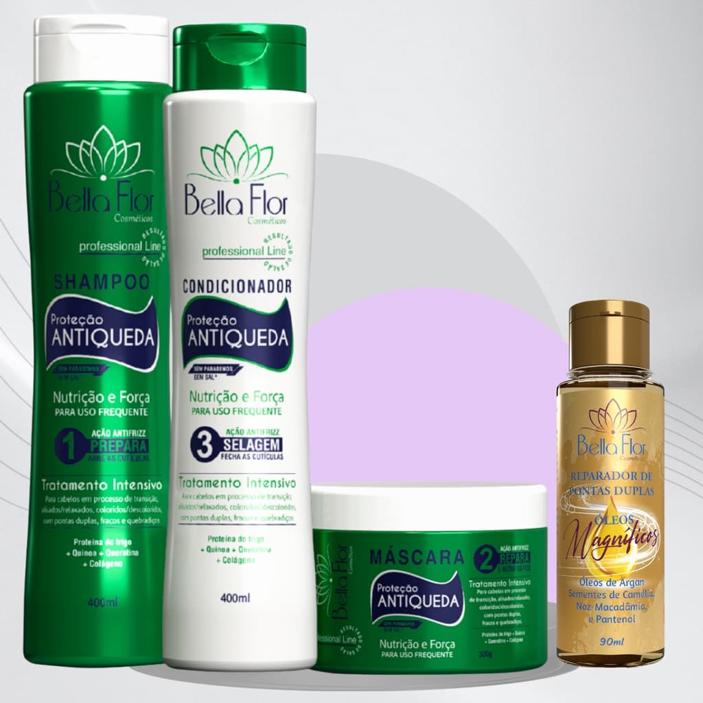 Kit Capilar Anti-Queda 4 Produtos Shampoo Condicionador Máscara Reparador de Pontas Bella Flor Fortalecimento Brilho