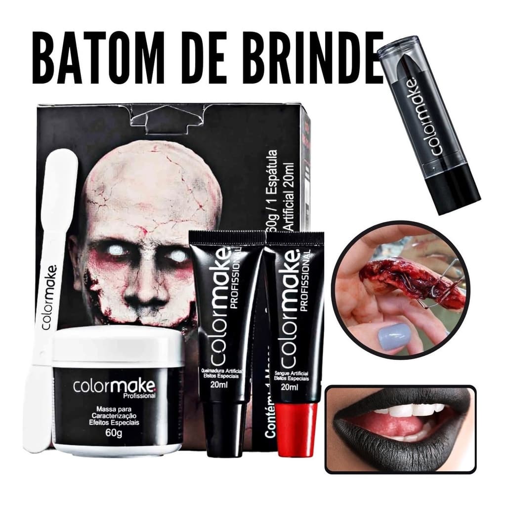Kit Maquiagem Assustadora Halloween Profissional Artística Batom  Preto Sangue Falso