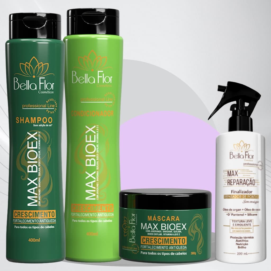 Kit Capilar Bioex e Max Reparação 4 Produtos Shampoo Condicionador Máscara Reparador de Pontas Bella Flor Profissional