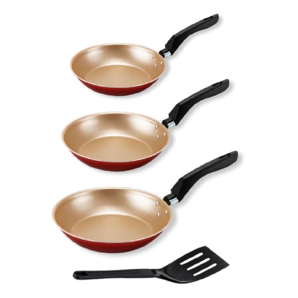 Conjunto 3 Frigideiras Francesa Grande 22 24 26 com Espátula  Cereja com Dourado Alumi-Aço Linha Premium J4TECH Alumínio Antiaderente Teflon Ultra Resistente