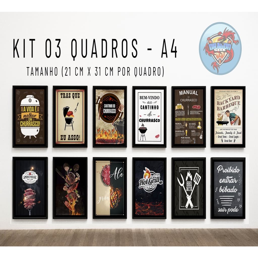 Kit 03 Quadros Personalizados Com Moldura em Madeira Tema Churrasco Lote 01 Carne Gourmet Amigos Vários Modelos