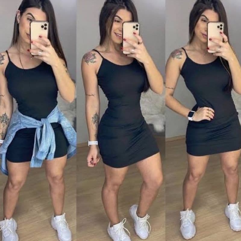 Vestido malha canelada alcinha Tubinho curto, verão