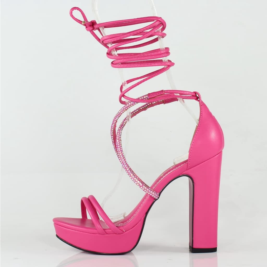 Sandália Salto Grosso Week Shoes Strass de Amarrar Pink