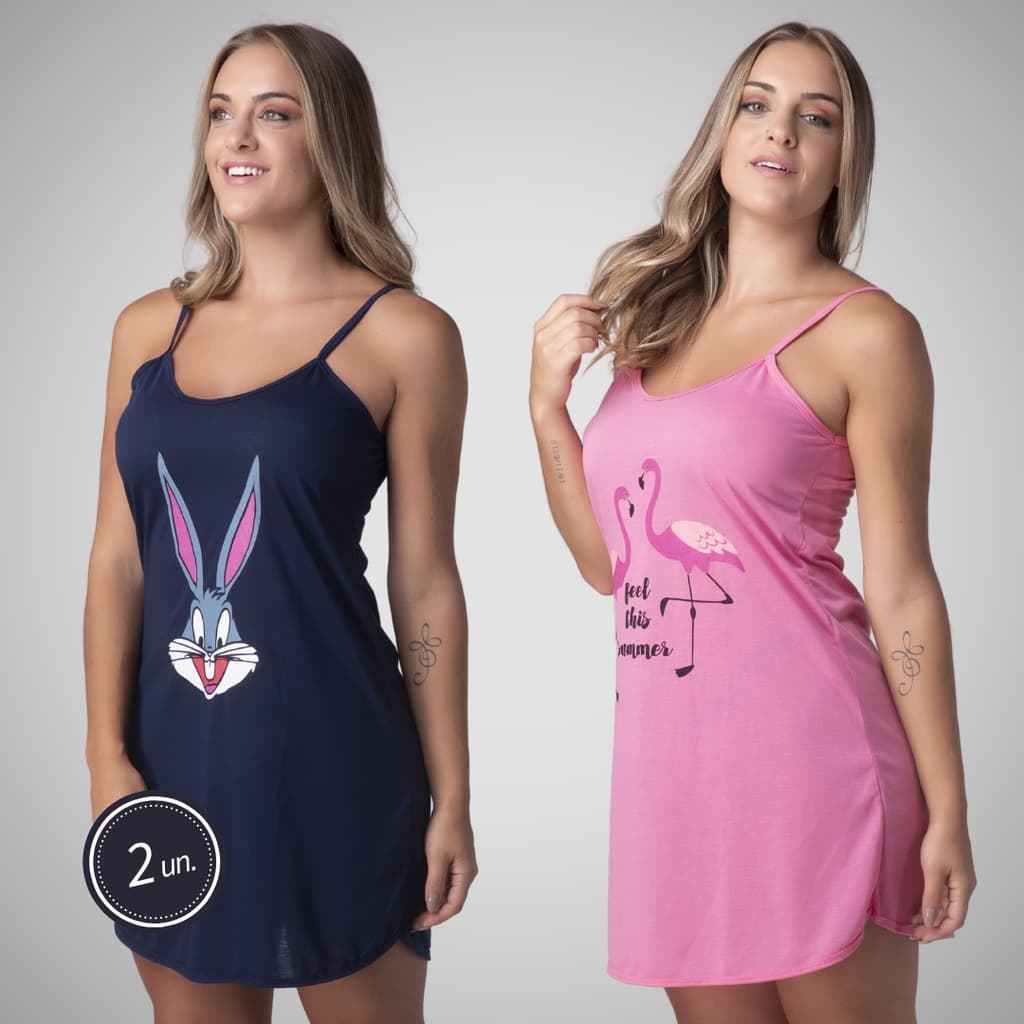 Promoção Kit 2 Camisolas Estampada Alcinha Verão Dormir Confortável Revenda Noite Feminina 324