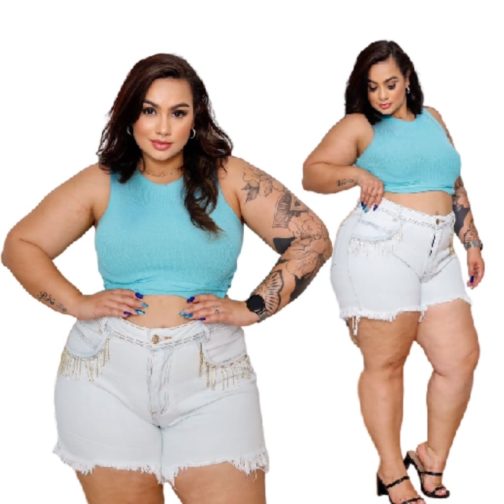 SHORT JEANS PLUS SIZE COM STRASS FRANJA FEMININO MODA VERÃO